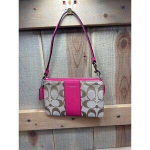 Coach Signature Canvas Wristlet With Pink Leather Trim
